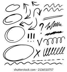 Highlight oval frames, arrows, underlines lines. Hand drawn scribble doodle circle set. Ovals and ellipses line template. Stock vector illustration isolated on white background.