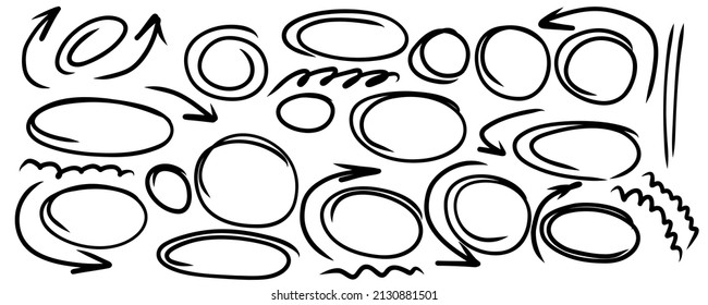 Resalte los marcos ovalados, el subrayado de la curva y las flechas. Conjunto de círculo dibujado a mano. Plantilla de línea de óvalos y elipses. Ilustración vectorial de material aislada en fondo blanco.