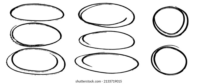 Highlight oval frames, curve underline and border. Hand drawn marker circle set. Doodle ovals and ellipses line template. Stock vector illustration isolated on white background.