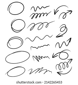 Highlight oval frames, curve underline and arrows. Hand drawn scribble circle set. Doodle ovals and ellipses line template. Stock vector illustration isolated on white background.