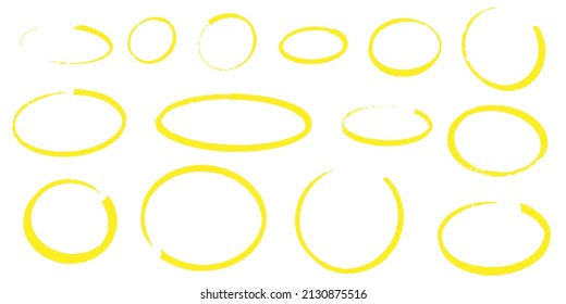 Highlight oval frames. Hand drawn scribble circle set. Doodle ovals and ellipses yellow line template. Stock vector illustration isolated on white background.