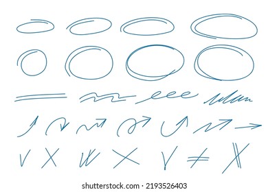 Highlight oval frames, hand drawn marker arrows, pen underlines lines. Hand drawn scribble doodle circle set. Ovals and ellipses line template. Stock vector illustration isolated on white background.