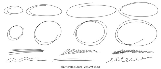 Highlight oval frames, hand drawn sketch underlines lines. Hand drawn scribble doodle circle set. Ovals and ellipses line template. Stock vector illustration isolated on white background.