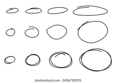 Highlight oval frames, hand drawn sketch underlines lines set. Hand drawn scribble doodle circle set. Ovals and ellipses line template. Stock vector illustration isolated on white background.