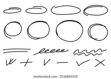 Resaltar marcos ovalados, líneas de subrayado dibujadas a mano, marcas de verificación. Conjunto de círculo de garabato dibujado a mano. Plantilla de líneas óvalos y elipses. Ilustración vectorial común aislada en el fondo blanco.