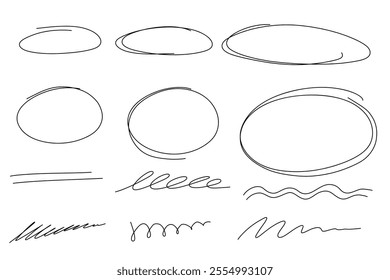 Highlight oval frames, hand drawn underline line set. Hand drawn marker scribble doodle circle set. Ovals and ellipses line template. Stock vector illustration isolated on white background.