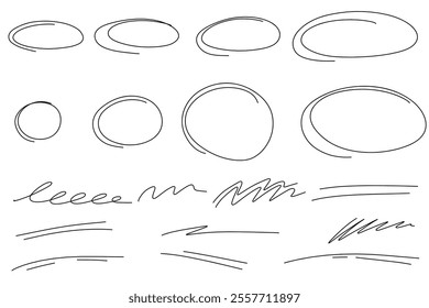 Highlight oval frames, hand drawn underline line set. Hand drawn marker scribble doodle circle set. Ovals and ellipses line template. Stock vector illustration isolated on white background.