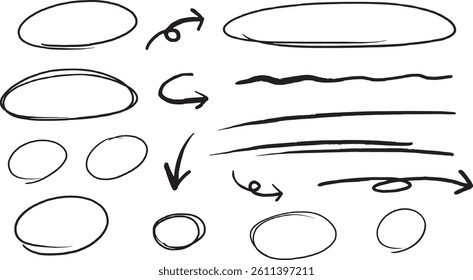 Highlight oval frames, hand drawn underlines lines. Hand drawn marker scribble doodle circle set. Ovals and ellipses line template. vector illustration isolated on white background.