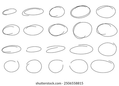 Resalte el conjunto de líneas de marcos ovalados. Dibujado a mano garabato círculo sketch conjunto. Plantilla de líneas de óvalos y elipses Doodle. Ilustración vectorial oval aislado sobre fondo blanco.