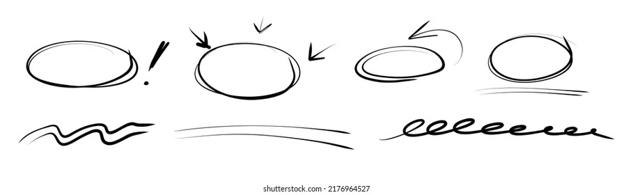 Highlight oval frames, marker arrows, underlines lines. Hand drawn scribble doodle circle set. Ovals and ellipses line template. Stock vector illustration isolated on white background.
