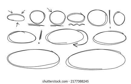 Highlight oval frames, marker arrows, underlines lines. Hand drawn scribble doodle circle set. Ovals ellipses line template. Stock vector illustration isolated on white background.