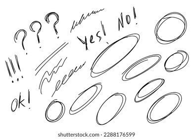 Highlight oval frames, marker arrows, check mark hand drawn underlines lines. Hand drawn scribble doodle circle. Ovals and ellipses template. Stock vector illustration isolated on white background.