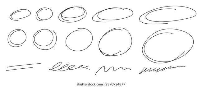 Resalte los marcos ovalados, resalte las líneas de subrayado dibujadas a mano. Conjunto de círculo de garabatos dibujado a mano. Plantilla de línea Ovales y elipses. Ilustración vectorial de material aislada en fondo blanco.