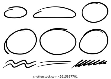 Highlight oval frames, marker  hand drawn underlines lines. Hand drawn scribble doodle circle set. Ovals and ellipses line template. Stock vector illustration isolated on white background.
