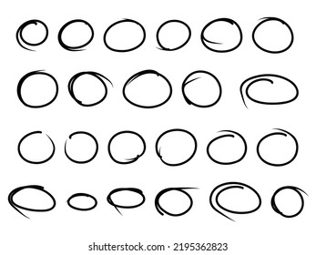 Highlight oval hand drawn marker frame line. Hand drawn scribble circle sketch set. Doodle ovals and ellipses line template. Vector illustration isolated on white background.