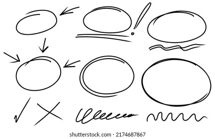 Highlight oval marker frames, arrows, underlines lines. Hand drawn scribble doodle circle set. Ovals and ellipses line template. Stock vector illustration isolated on white background.