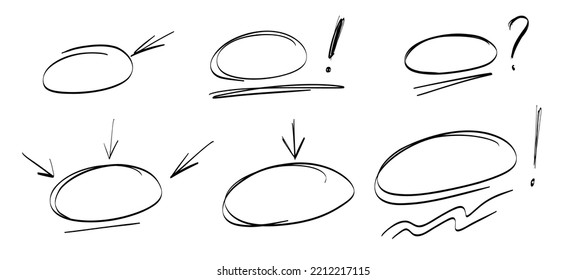 Highlight oval marker frames, arrows, underlines lines set. Hand drawn scribble doodle circle set. Ovals and ellipses line template. Stock vector illustration isolated on white background.