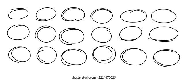 Ovale Markierrahmen markieren. Handgezeichnete Skizze für den Kreis. Doodle-Ovale und Ellipse-Strichvorlage. Vektorgrafik einzeln auf weißem Hintergrund.