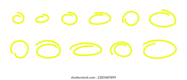 Highlight oval marker frames. Hand drawn scribble circle set. Doodle ovals and ellipses yellow line template. Stock vector illustration isolated on white background.
