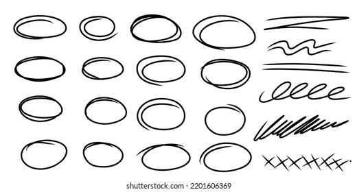 Highlight oval marker frames line. Hand drawn scribble circle underline sketch set. Doodle ovals and ellipses line template. Vector illustration isolated on white background.