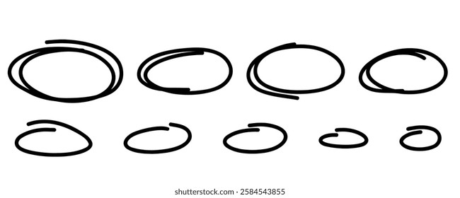 Highlight oval marker frames line set. Hand drawn scribble circle sketch set. Doodle ovals and ellipses line template. Vector illustration oval isolated on white background.