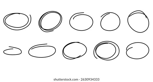 Highlight oval marker frames line set. Hand drawn scribble circle sketch set. Doodle ovals and ellipses line template. Vector illustration oval isolated on white background.