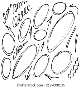 Highlight oval selected frames, arrows and curve underline. Hand drawn scribble circle set. Doodle ovals and ellipses line template. Stock vector illustration isolated on white background.