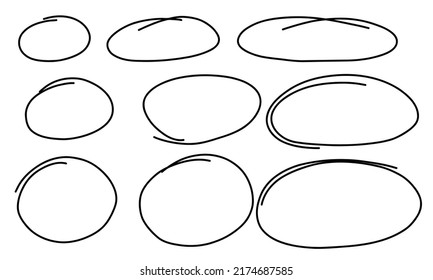 highlight ovals line. Doodle marker hand drawn highlight scrawl circles. Marker sketch. Highlighting text and important objects. Round scribble frames. Stock vector illustration on white.