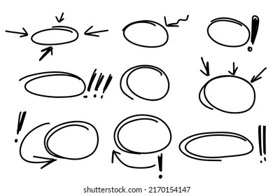 Resalte el conjunto de ovalaciones. Líneas de marcador, flechas, marca, círculo, aislado en fondo blanco. Marcador resaltador de lápiz resalte trazos. Elemento de doodle gráfico dibujado a mano por vectores.