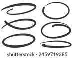Highlight pen line. Hand drawn circle underline sketch. Oval pencil stroke. Doodle mark scribble. Ellipse and round emphasis. Vector elements set.