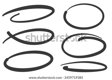 Highlight pen line. Hand drawn circle underline sketch. Oval pencil stroke. Doodle mark scribble. Ellipse and round emphasis. Vector elements set.