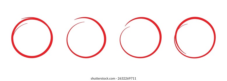 Realce o conjunto de linhas vermelhas da caneta. Esboço de linha circular desenhado à mão. Traços ovais a lápis em vermelho. Rabiscar marca rabiscar. Elipse e ênfase redonda no fundo branco. Ilustração vetorial. EPS 10