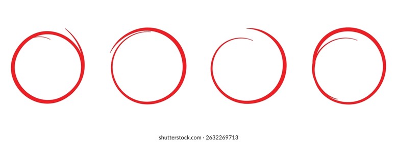 Highlight red pen line set. Hand drawn circle line sketch. Oval pencil strokes in red. Doodle mark scribble. Ellipse and round emphasis on white background. Vector illustration. EPS 10