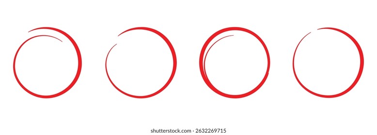 Highlight red pen line set. Hand drawn circle line sketch. Oval pencil strokes in red. Doodle mark scribble. Ellipse and round emphasis on white background. Vector illustration. EPS 10