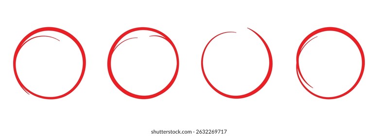 Highlight red pen line set. Hand drawn circle line sketch. Oval pencil strokes in red. Doodle mark scribble. Ellipse and round emphasis on white background. Vector illustration. EPS 10