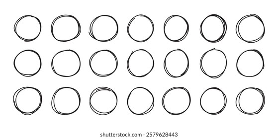Highlight round doodle circle frames set. Marker pencil lines. Round note brush mark. . Vector illustration