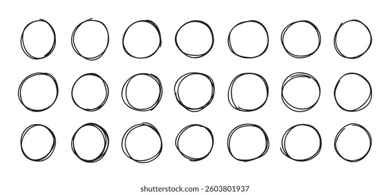 Highlight round doodle circle frames set. Marker pencil lines. Round note brush mark. . Vector illustration