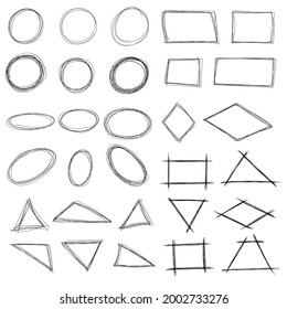 Highlight scribble frame of different shapes - ink pen scrawl border for emphasis and highlighting text or important objects. Doodle scratch marker collection with editable stroke.