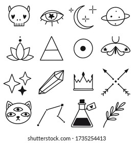 Highlight set. Various simple, cute outline elements. Magic line art collection. Witch symbols. Simple doodles. Cute design icons for brand, labels, shop logos. Stars, moon, skull, cat, eye.