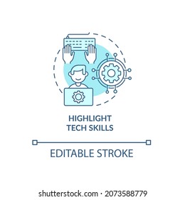 Highlight Tech Skills Blue Concept Icon. Writing Cv Abstract Idea Thin Line Illustration. Technical Knowledge, Experience. Software Proficiency. Vector Isolated Outline Color Drawing. Editable Stroke