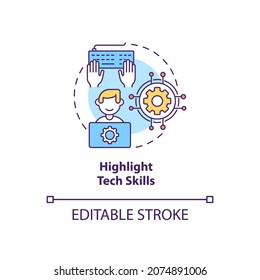 Highlight Tech Skills Concept Icon. Writing Cv Abstract Idea Thin Line Illustration. Technical Knowledge And Experience. Software Proficiency. Vector Isolated Outline Color Drawing. Editable Stroke
