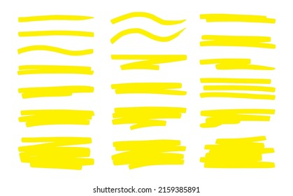 Resalte el pincel de subrayado. Icono de la pluma de marcador amarillo. Conjunto de vectores de pincel de línea para el elemento resaltado de memo, efecto de marcador amarillo, marco de texto de dibujo.