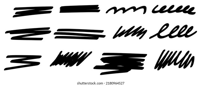 Highlight underline and strike stroke through. Pen line template. Hand drawn marker line stroke set. Vector illustration isolated on white background.