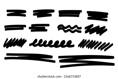 Highlight underline and strike through. Pen line template. Hand drawn marker line stroke set. Vector illustration isolated on white background.