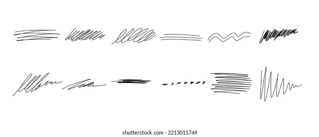 Highlight underline and strike through. Pen line template. Hand drawn marker line stroke set. Vector illustration isolated on white background.