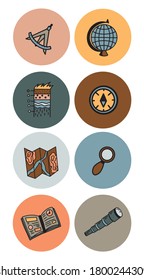 Highlight vector illustration icons set, social media collection. Icons with elements of geography, globe, compass, map, textbook, magnifying glass, telescope.