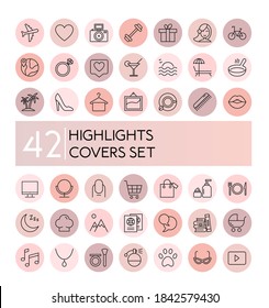 highlight vector illustration icons set. Social media collection of pink flat line covers for female account, blogger stories, lifestyle fashion elements, food and travel