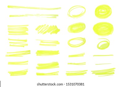 Highlight. Vector yellow marker lines strokes design elements. Objects on an isolated light background.