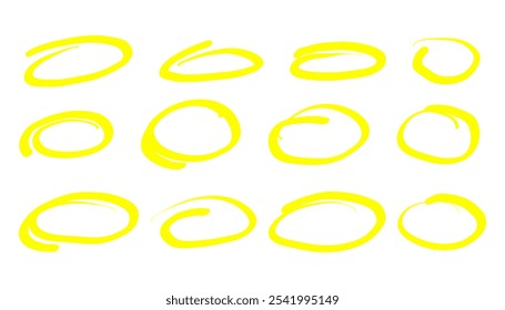 Resalte el conjunto de líneas de marcos ovalados de neón amarillo. Dibujado a mano garabato círculo sketch conjunto. Plantilla de líneas de óvalos y elipses Doodle. Ilustración vectorial aislada sobre fondo blanco.