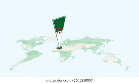 Highlighted Algeria on Global Map with 3D Flag Location Pin of Algeria. The image symbolizes travel, geography, international identity, and global navigation.